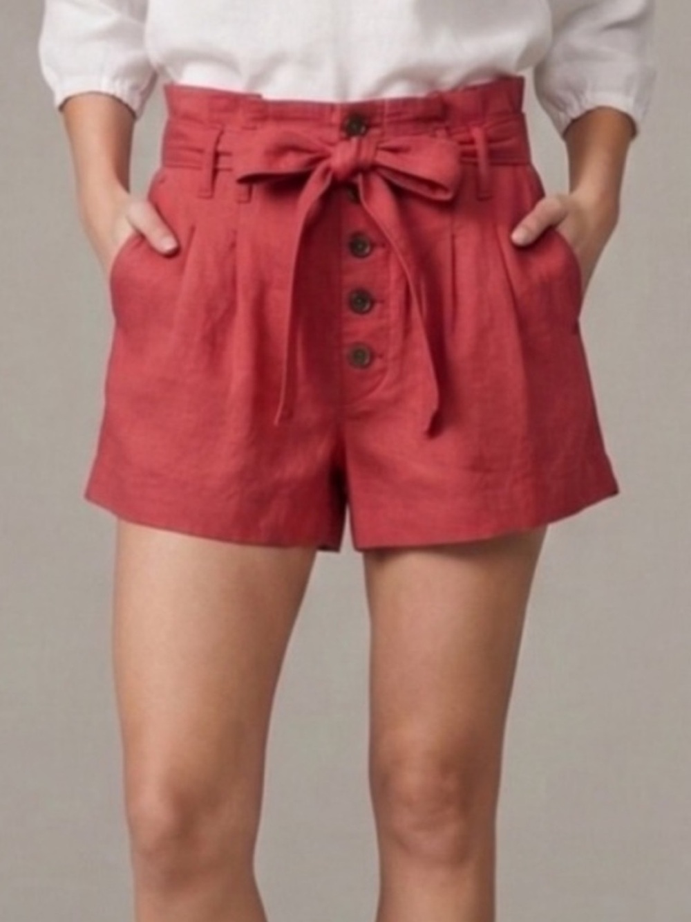 Abercrombie & Fitch High-Waist Linen Cotton Blend Shorts with Tie & button front